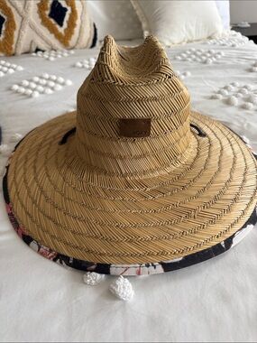 Roxy Natural Tan Straw Sun Hat with Floral Trim
